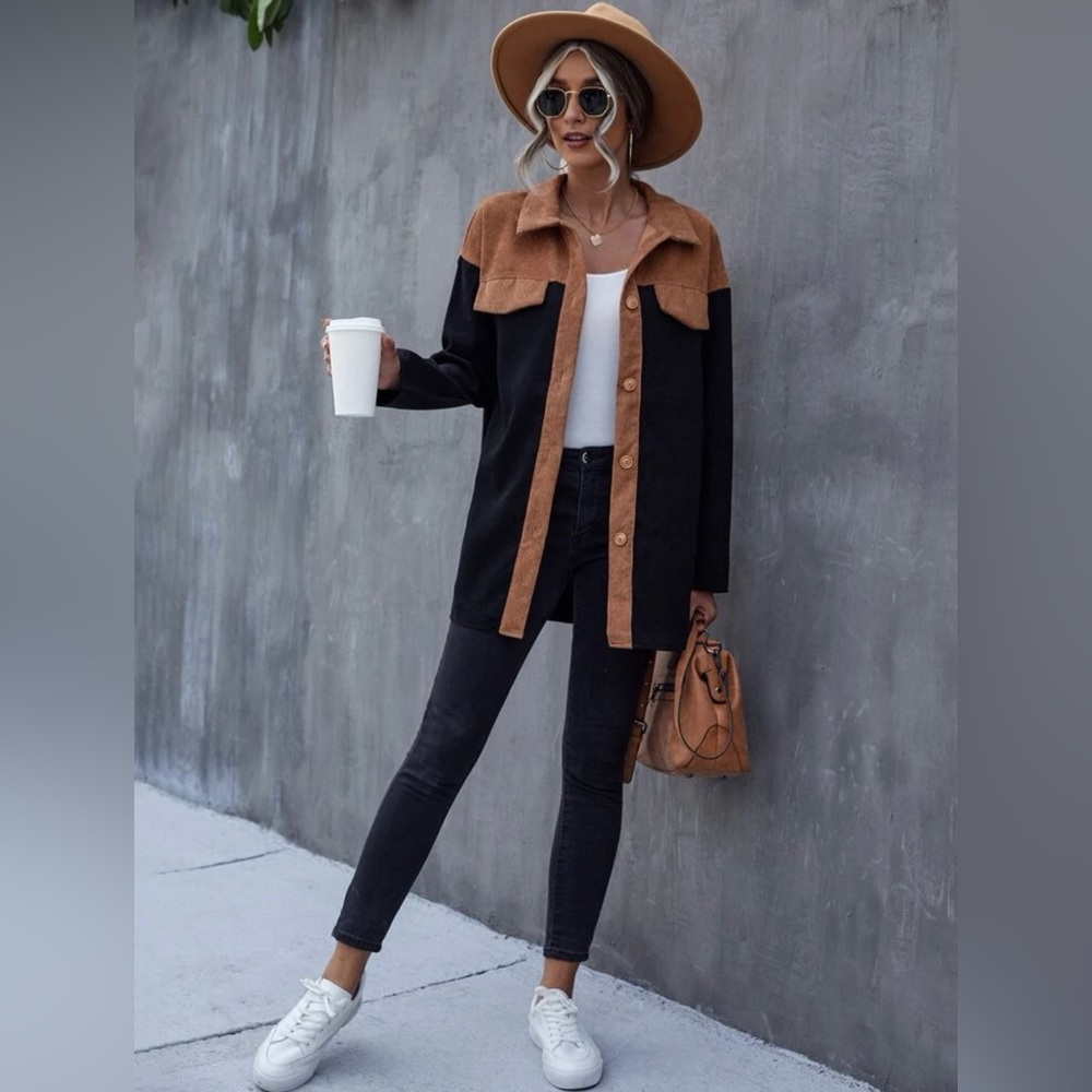 Two Tone Drop Shoulder Corduroy Shacket